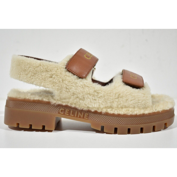 Celine Leo Scratch Sandal Shearling Fur Tan Leather Logo Strap Platform Flat 40 - Picture 2 of 12